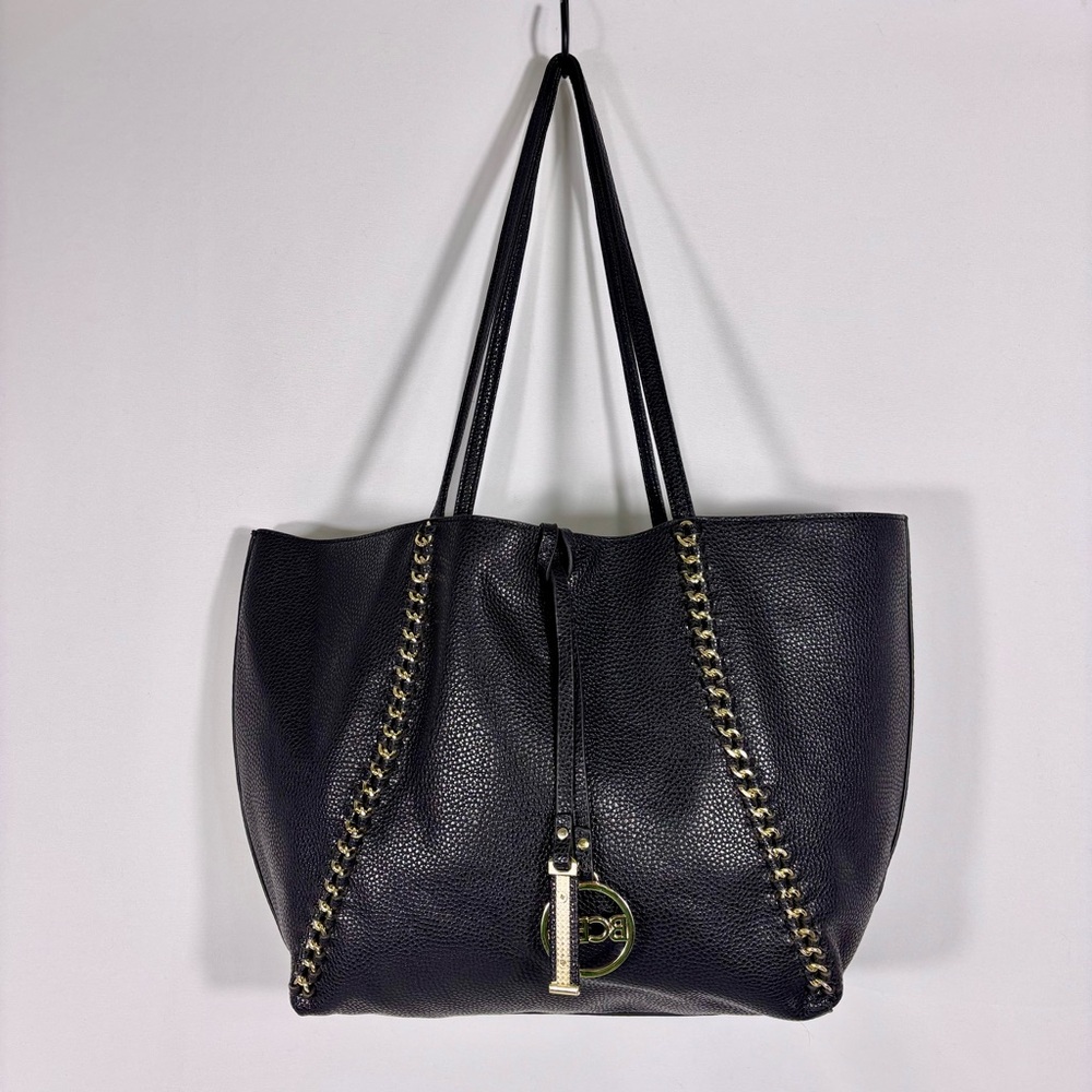 BCBG Chic Black Tote with Gold Chain Accents